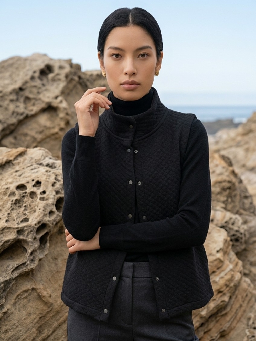 Eileen Fisher Black Organic Cotton Quilted Stand-Collar Vest With Pockets